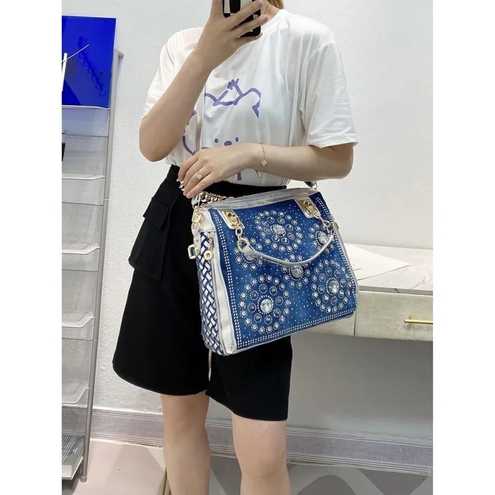Women's Denim Crossbody Bag Rhinestone Large Purse for Casual and Formal Wear